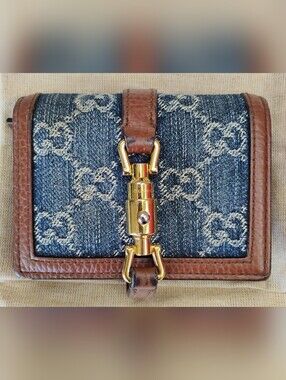 EUC Gucci Denim Monogram Wallet with Brown Leather Trim GHW